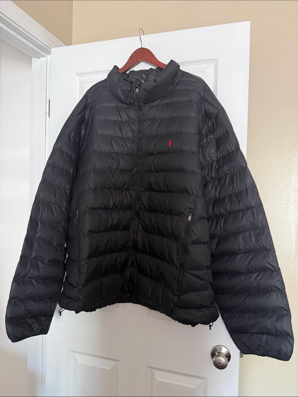 Polo by Ralph Lauren Black Puffy Packable Down Jacket with Red Polo Logo